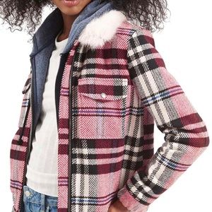 Topshop check bomber with faux fur collar NWT